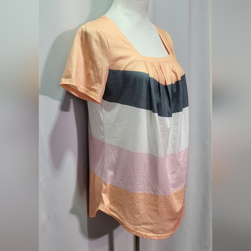 Women's Orange Colorblock Square Neck Pleated Short Sleeve Top Size Small - Picture 3 of 6